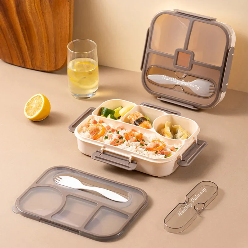 Plastic Lunch Box, Four Compartments, Fork Included, Prevents Flavor Mixing—Ideal for Students and Office