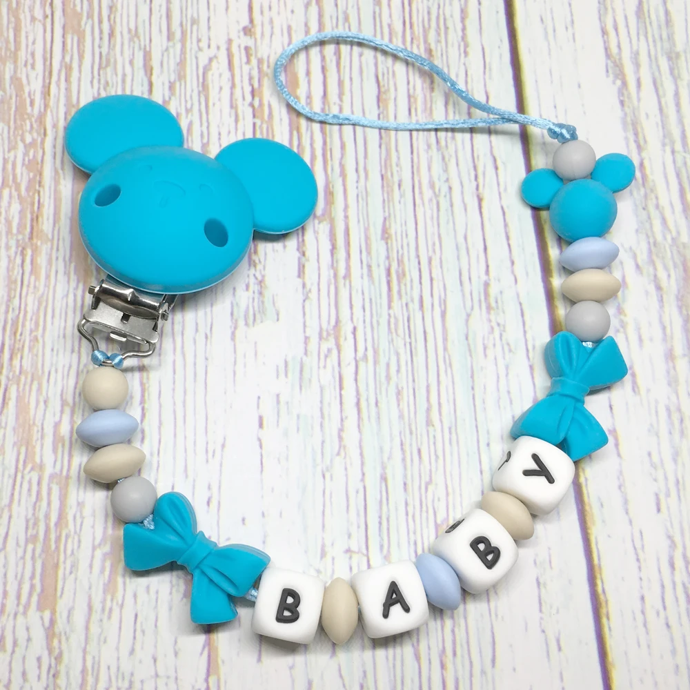 Custom Name Baby Pacifier Clip - Silicone Beads, Teether Toy, Dummy Holder with Russian or English Name