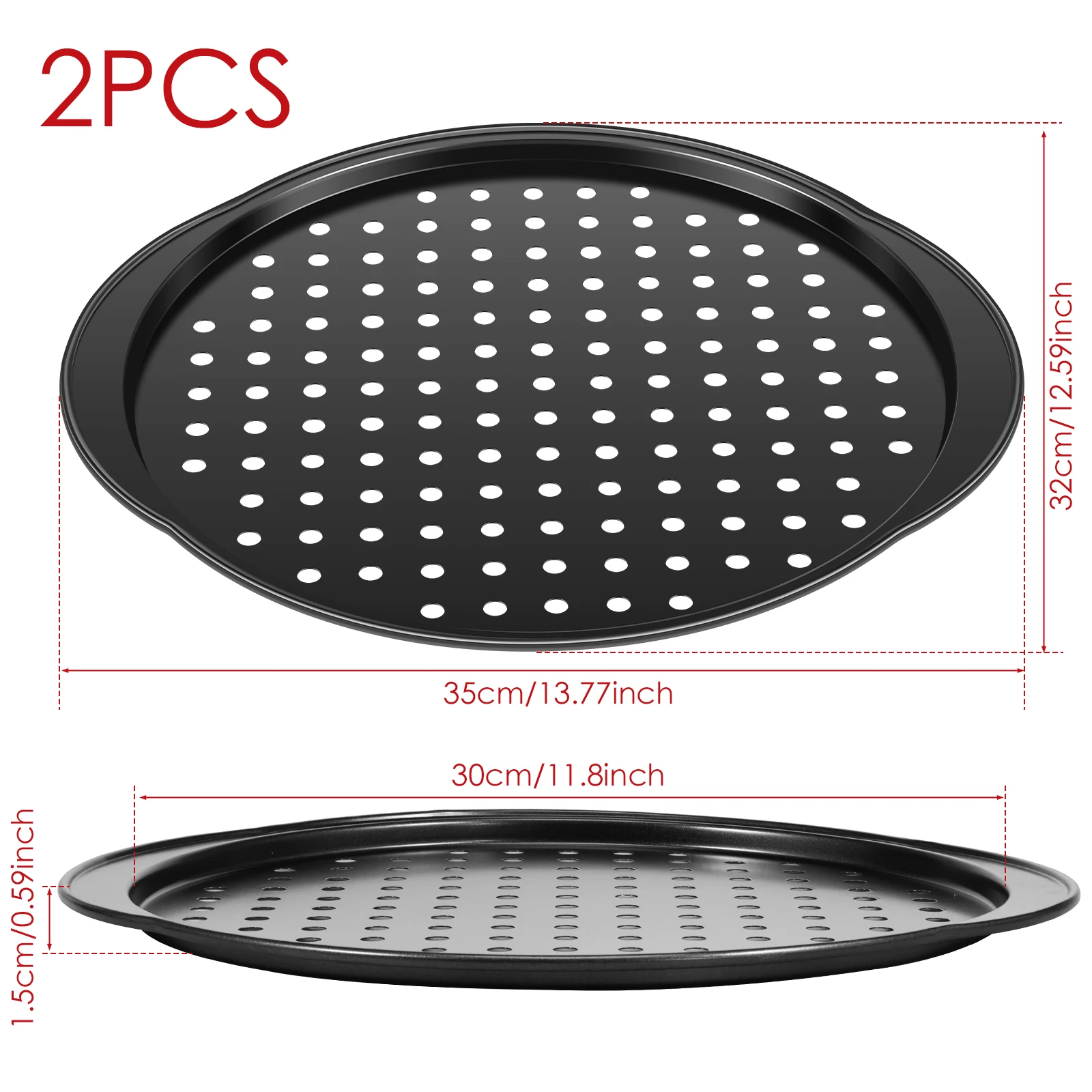 "2-Piece 14-Inch Pizza Trays – Non-Stick Carbon Steel Pans with Holes and Handles for Home Kitchen Oven"