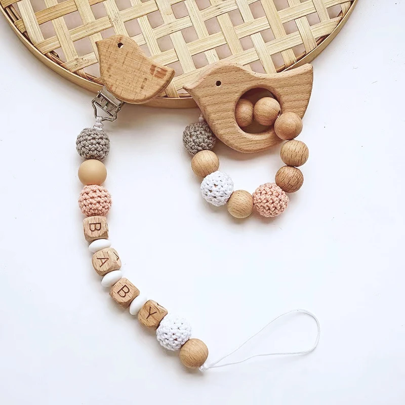 Nordic Baby Pacifier Clips - Wood Crochet, Safe Anti-Drop Holder Chain