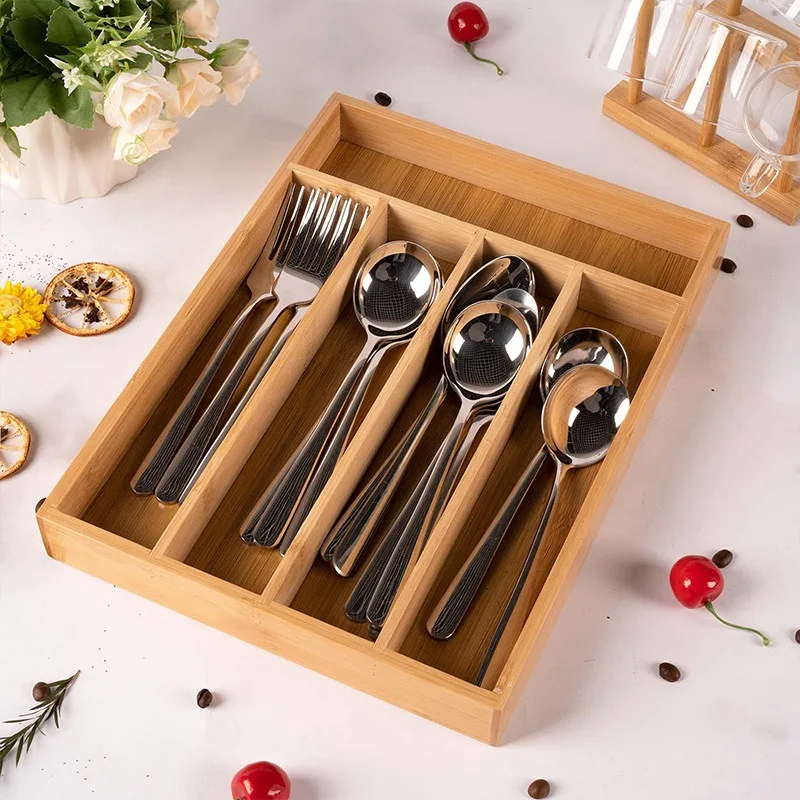 Bamboo Utensils Drawer Organizer Cutlery Tray for Kitchen