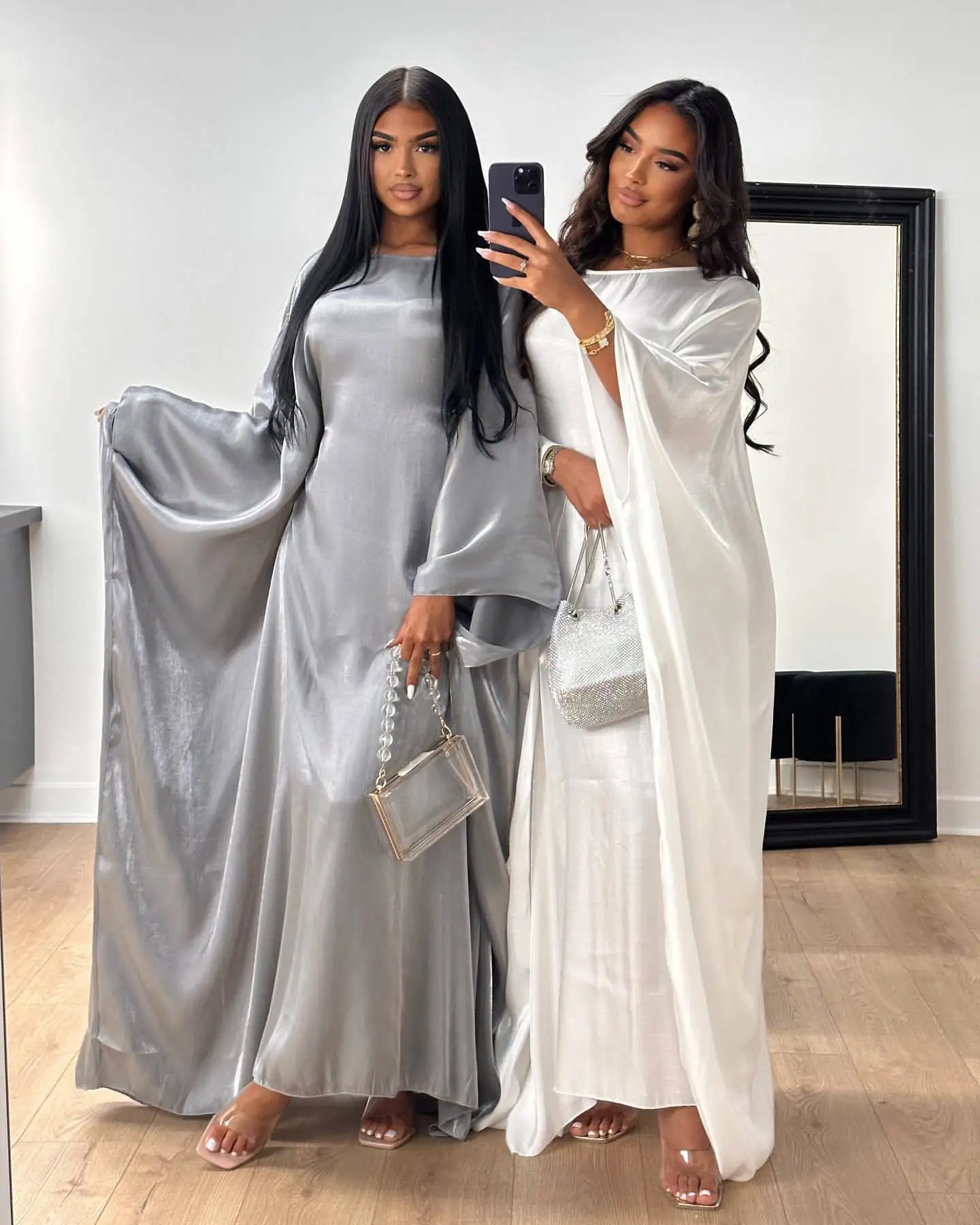 Shiny Batwing Abaya with Belt - Luxury Kaftan Muslim Party Dress