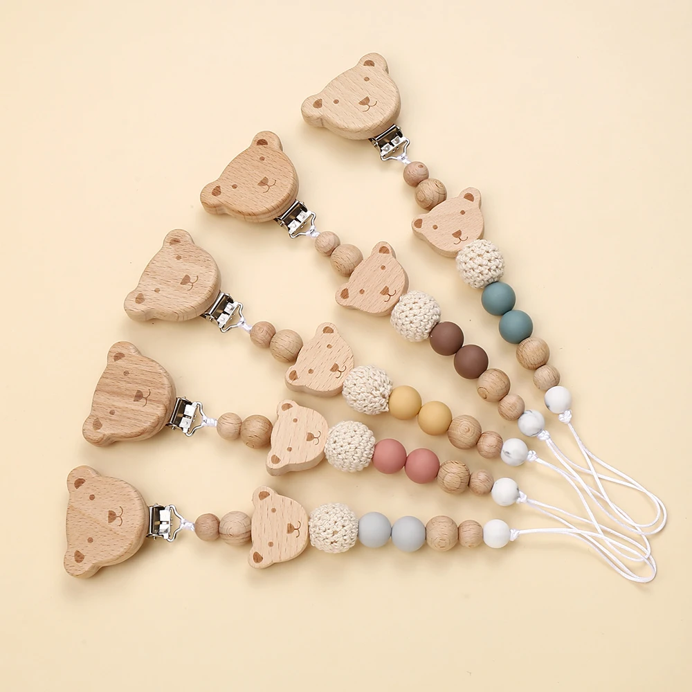 Cartoon Animal Beech Wood Pacifier Chain  Silicone Beads, Teether, Dummy clip