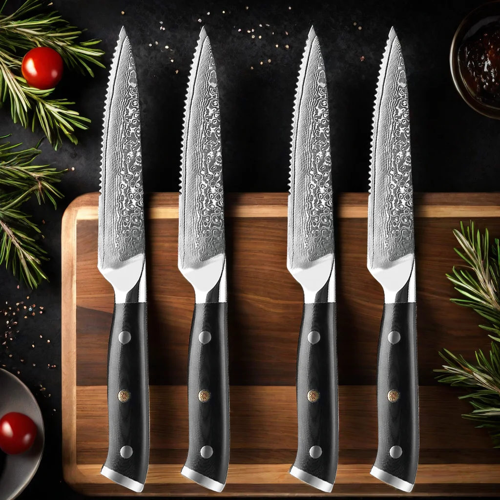 Damascus Steel Steak Knife Set – 67-Layer Razor Sharp Knives for Home Dining, Fruit Carving, and Bread Cutting"