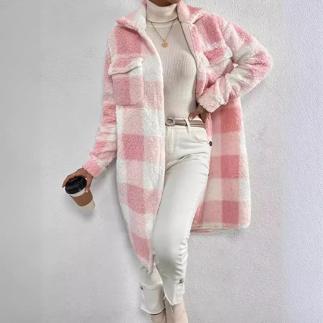 Autumn/Winter Plaid Plush Long Coat - Open Lapel, Loose Fit for Women