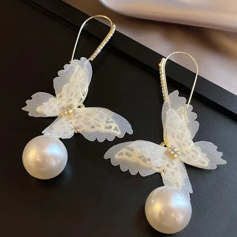 Lace Butterfly Drop Pearl Earrings with Rhinestones for women