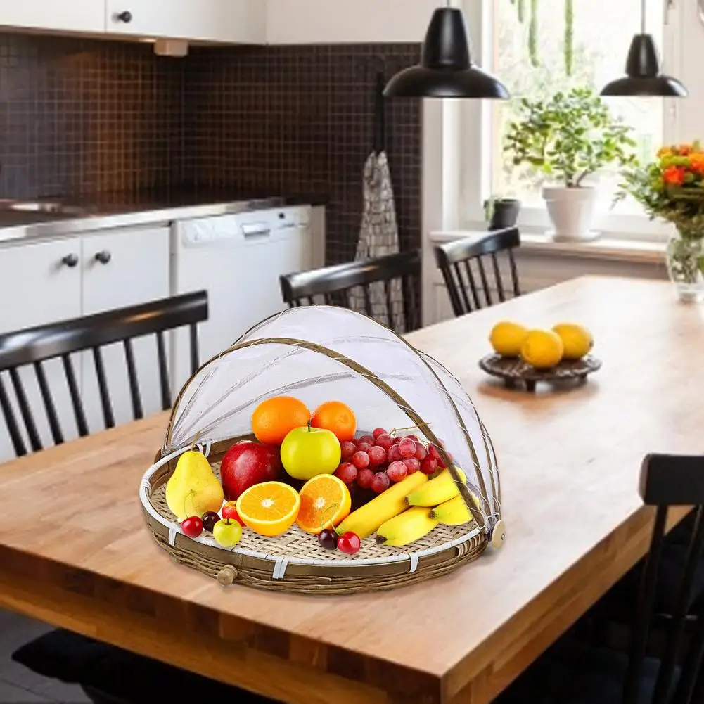 Hand-Woven Round Bamboo Bakery Tray—Fruit and Bread Storage Basket with Mesh Cover