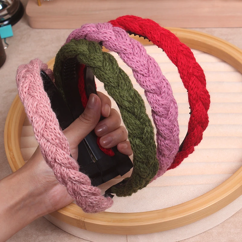 Retro Braided Wool Headband Plush Hair Hoop for Women