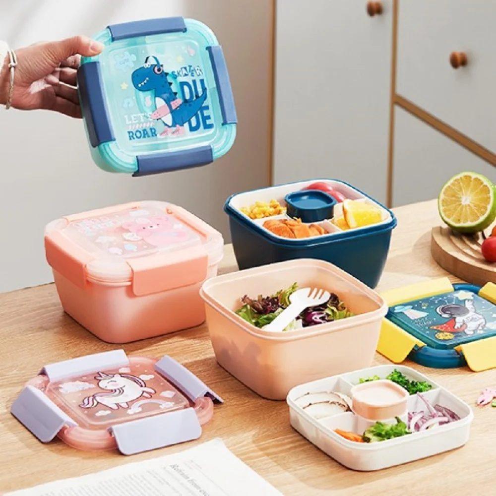 Portable Kids Lunch Box for School—Unicorn & Dinosaur Bento with Salad Bowl, 1100ML Container