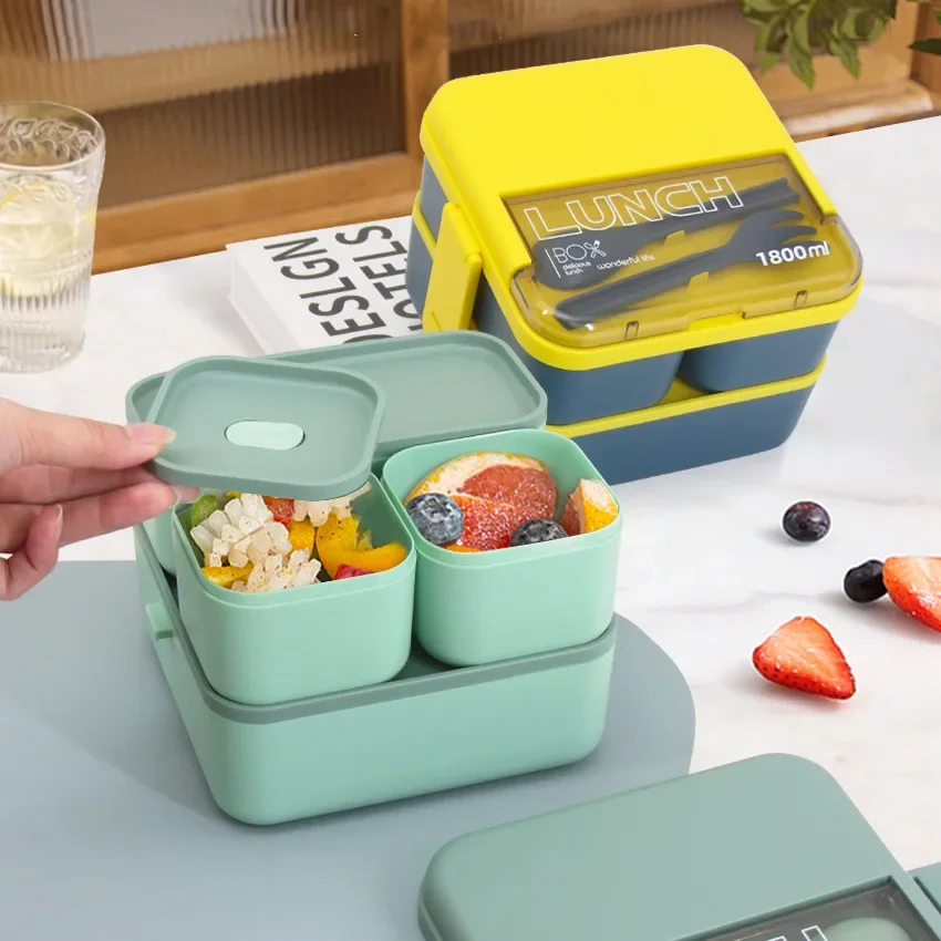 Portable 2-Layer Lunch Box for Kids—Plastic Bento with Compartments, Microwave-Safe Food Storage