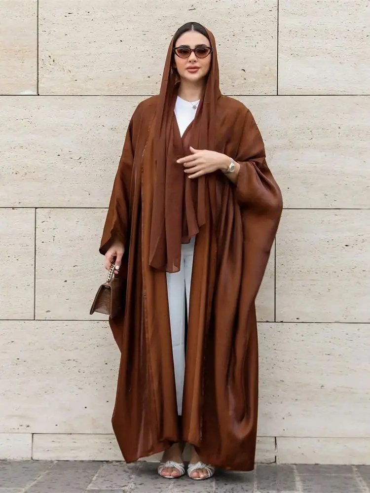 Satin Batwing Kimono Abaya - Modest Muslim Cardigan for Women