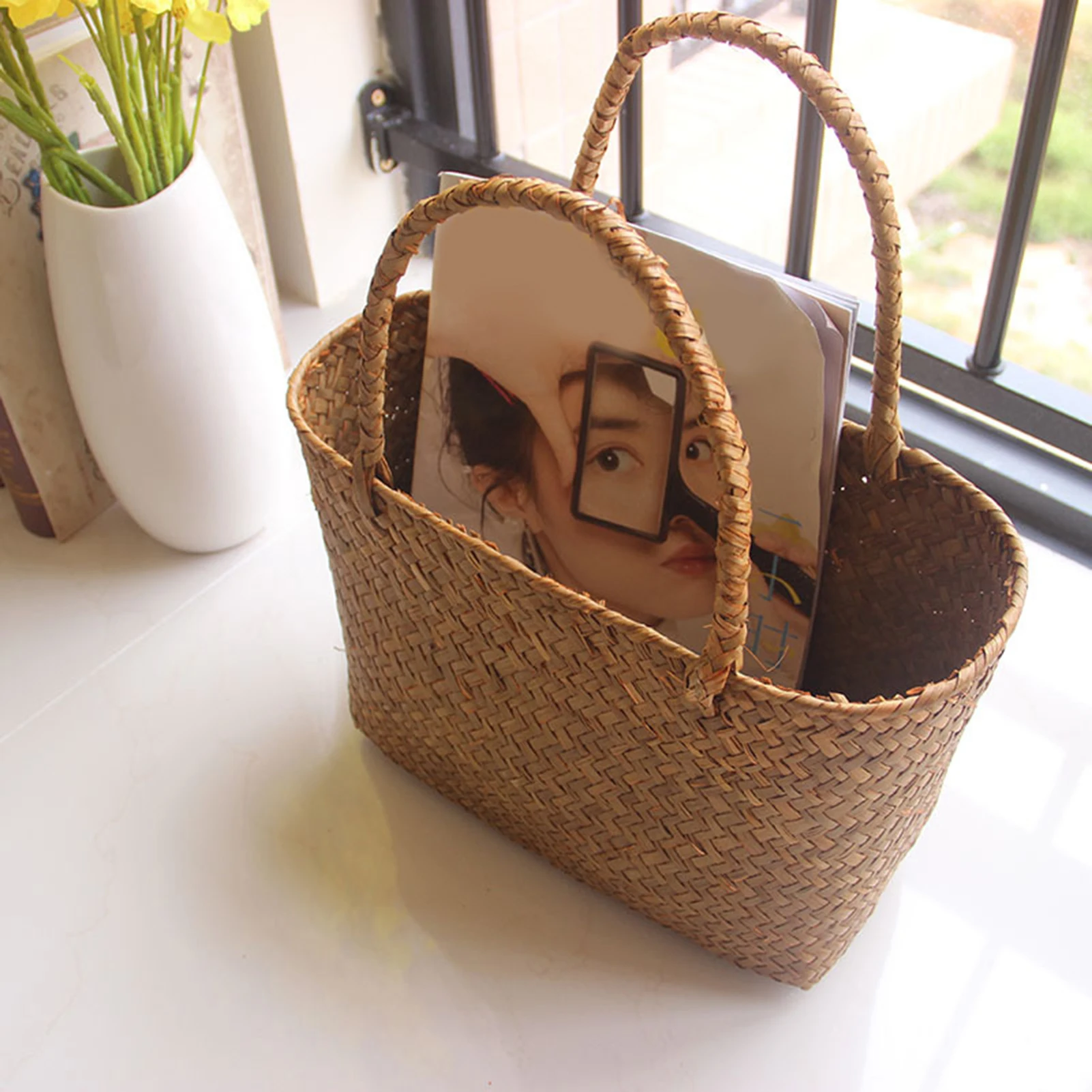 Seaweed Woven Basket Bag - Durable Laundry & Market Storage