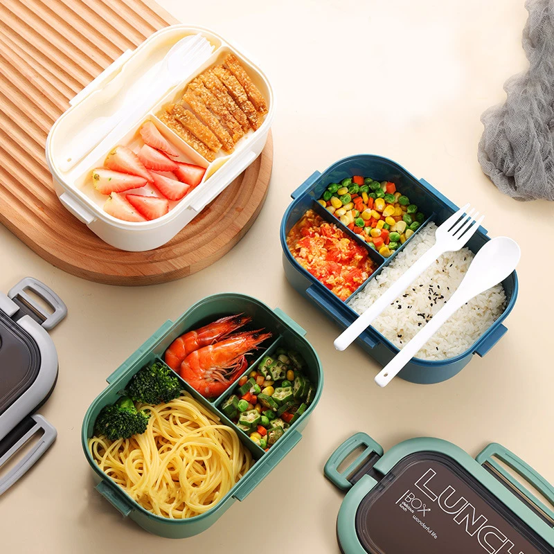 Portable Double-Layer Tiffin Box with Compartments, Microwave-Safe Food and Fruit Container, Includes Fork and Spoon