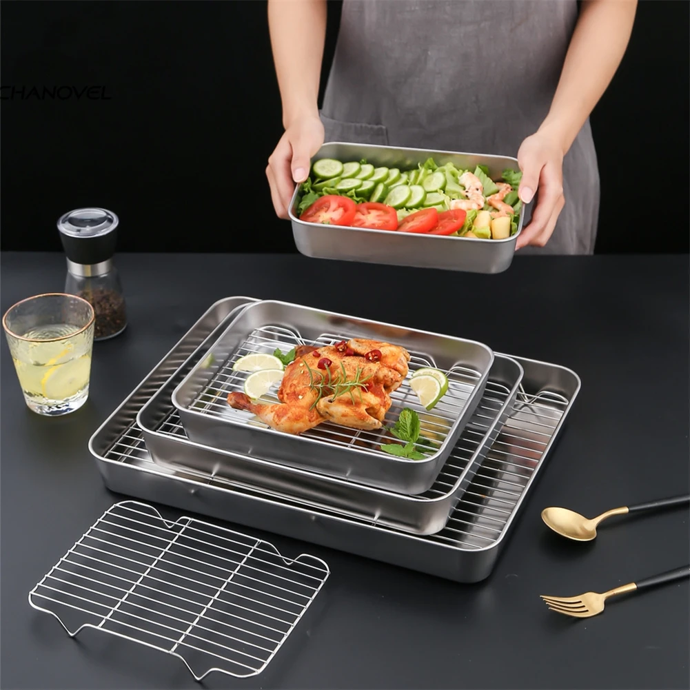 Stainless Steel Baking Pan with Wire Rack for Cake, BBQ, and Roasting