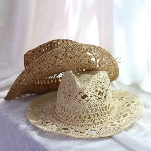 Handmade Straw Western Cowboy Hat, Curling Brim Sunhat for Men & Women - Image 3