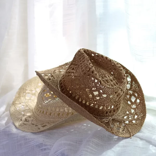 Handmade Straw Western Cowboy Hat, Curling Brim Sunhat for Men & Women