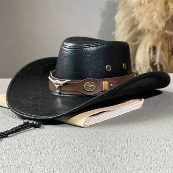 Western Cowboy Hat with Ox Head Belt, Wide Brim Faux Leather Fedora - Image 2