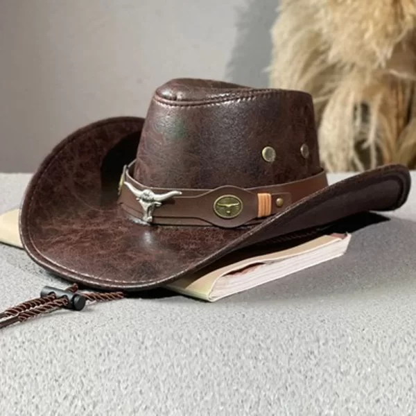 Western Cowboy Hat with Ox Head Belt, Wide Brim Faux Leather Fedora - Image 3