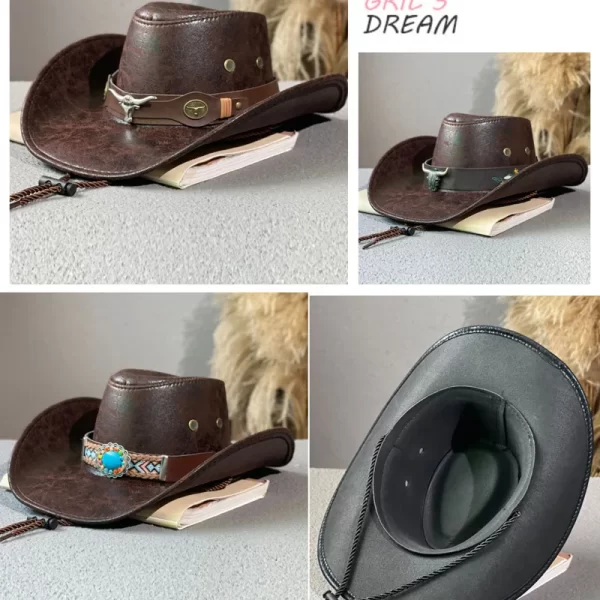 Western Cowboy Hat with Ox Head Belt, Wide Brim Faux Leather Fedora - Image 4