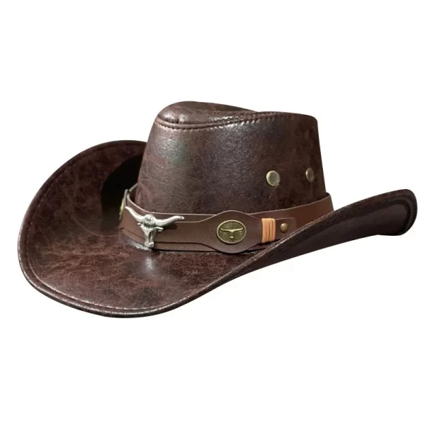 Western Cowboy Hat with Ox Head Belt, Wide Brim Faux Leather Fedora - Image 6