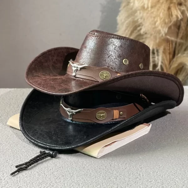 Western Cowboy Hat with Ox Head Belt, Wide Brim Faux Leather Fedora