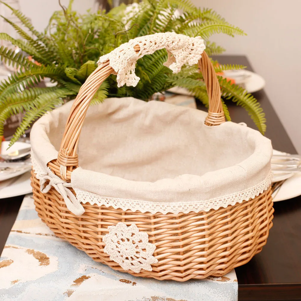 Wicker Rattan Basket with Lid Handle and Liner for Picnic and Camping